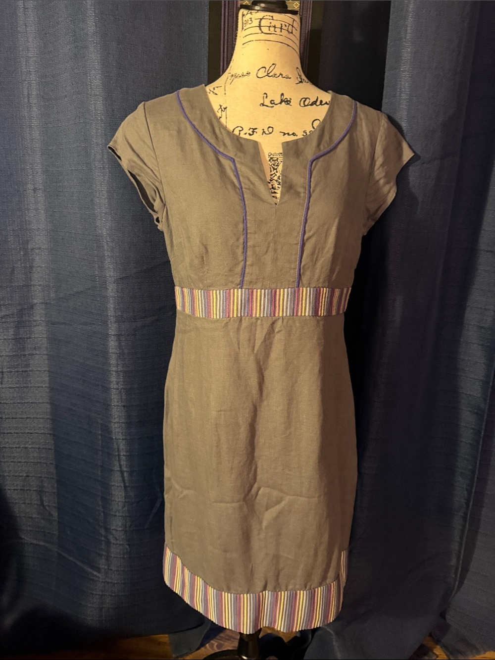 Boden Gray Mini Dress with Multicolor Stripe Waistband